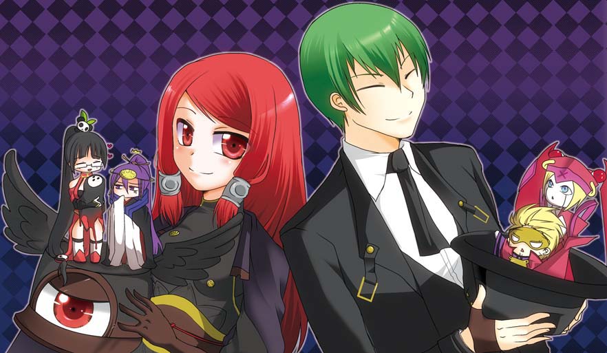 2boys 3girls android arakune arc_system_works black_hair blazblue blonde_hair blush cape chinese_clothes closed_eyes crown fedora fingerless_gloves formal_clothes glasses gloves green_hair hades_izanami hair_tubes hat hazama ignis_(blazblue) japanese_clothes lao_jiu litchi_faye_ling long_hair mask mikado_(blazblue) mini_person miniboy minigirl multiple_boys multiple_girls mutsuki_yui necktie open_mouth ponytail purple_eyes purple_hair red_eyes red_hair relius_clover short_hair smile suit tsubaki_yayoi very_long_hair