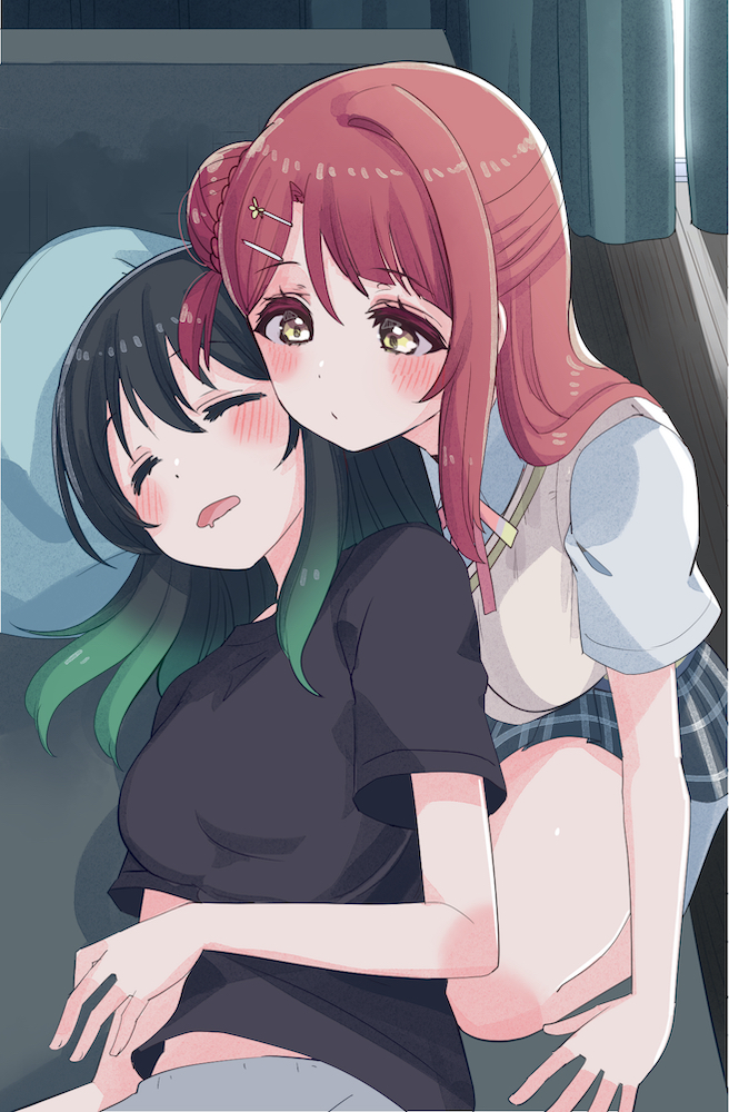2girls black_hair black_shirt blue_shirt blue_skirt blush breasts brown_eyes brown_hair brown_vest closed_eyes commentary_request cream_(nipakupa) curtains gradient_hair green_hair grey_pants hair_bun hair_down hair_ornament hairclip head_on_pillow long_hair looking_at_another love_live! love_live!_nijigasaki_high_school_idol_club lying multicolored_hair multiple_girls neck_ribbon on_side open_mouth pants pillow plaid_clothes plaid_skirt red_ribbon ribbon shirt single_hair_bun skirt sleeping sunlight takasaki_yu uehara_ayumu vest window