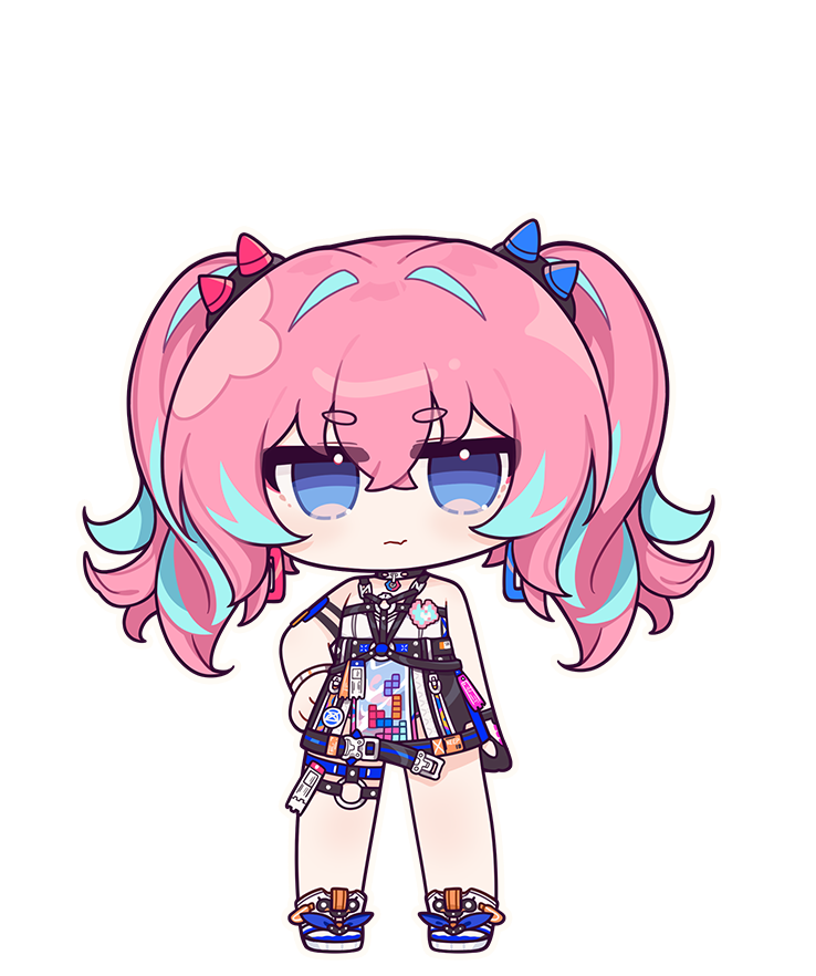 1girl blue_eyes blue_hair chibi dress eta fang full_body hair_ornament honkai_(series) honkai_impact_3rd long_hair looking_at_viewer multicolored_hair official_art pink_hair rozaliya_olenyeva delta_(honkai_impact) skin_fang sleeveless sleeveless_dress smile solo third-party_source twintails two-tone_hair
