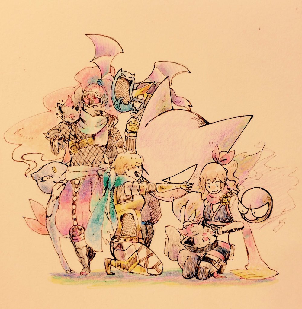 armor game_freak gastly gen_1_pokemon gen_2_pokemon gen_5_pokemon golbat hattori_hanzo haunter hug japanese_clothes kotaro_fuuma kunoichi_(sengoku_musou) nene nene_(sengoku_musou) ninja nintendo on_lap on_shoulder painting_(medium) petting pokemon pokemon_(creature) pokemon_conquest pokemon_on_lap pokemon_on_shoulder sengoku_musou smile sneasel traditional_media watercolor_(medium) zorua