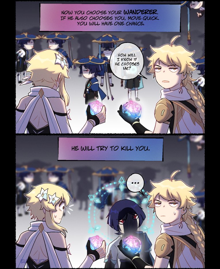 ... 1girl 2koma 6+boys aether_(genshin_impact) ahoge artist_name avatar_(2009_movie) black_border blonde_hair border braid braided_ponytail brother_and_sister comic commentary english_commentary english_text flower genshin_impact gradient_background hair_flower hair_ornament hat holding intertwined_fate james_cameron&#039;s_avatar japanese_clothes jingasa kakaolikeslegs looking_at_another looking_back lumine_(genshin_impact) middle_finger multiple_boys notice_lines ponytail red_eyes scaramouche_(genshin_impact) shaded_face short_hair short_hair_with_long_locks siblings sideways_glance smirk speech_bubble spoken_ellipsis sweatdrop twins wanderer_(genshin_impact) when_you_see_it wide-eyed yellow_eyes