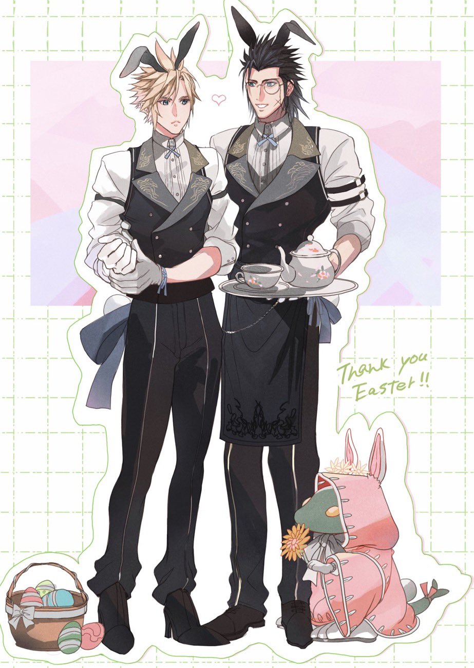 2b_fff 2boys animal_ear_hood animal_ears apron basket black_apron black_pants black_vest blue_eyes breasts butler closed_mouth cloud_strife collared_shirt colored_skin cosplay creature cross_scar cross_tie cup easter_egg egg facial_scar fake_animal_ears final_fantasy final_fantasy_vii final_fantasy_vii_ever_crisis fins fish_tail flower full_body gloves green_skin grid_background hair_between_eyes hair_slicked_back highres holding holding_flower holding_plate hood hood_up hooded_robe male_focus medium_hair monocle monster multiple_boys pants parted_lips pink_robe plate rabbit_ears rabbit_tail robe scar scar_on_cheek scar_on_face shirt short_hair sideboob sleeves_rolled_up smile spiked_hair tail teacup teapot tonberry vest waist_apron waistcoat white_gloves white_shirt yellow_eyes zack_fair zack_fair_(bunny_butler) zack_fair_(cosplay)