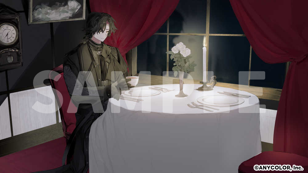 1boy ascot black_ascot black_coat black_gloves black_hair candle candlelight candlestand carpet chair clock closed_mouth coat colored_inner_hair copyright_notice cowboy_shot cup curtained_hair curtains expressionless flower fork gloves grandfather_clock grey_shirt hair_over_one_eye holding holding_cup indoors knife long_sleeves male_focus marikin021 medium_hair multicolored_hair muntins night nijisanji nijisanji_en official_art open_clothes open_coat painting_(object) pink_hair plate puffy_long_sleeves puffy_sleeves rose sample_watermark scar scar_across_eye scar_on_face shadow shirt sitting solo table tablecloth tea teacup vase vezalius_bandage virtual_youtuber watermark white_flower white_rose window yellow_eyes