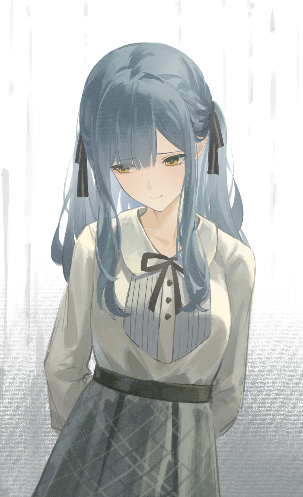 1girl airool arms_behind_back bang_dream! bang_dream!_it&#039;s_mygo!!!!! black_ribbon blue_hair buttons chinese_commentary closed_mouth collared_shirt commentary_request cowboy_shot frown gradient_background grey_background grey_shirt grey_skirt hair_between_eyes hair_ribbon highres long_hair long_sidelocks long_sleeves looking_to_the_side neck_ribbon parted_bangs plaid_clothes plaid_skirt ribbon shirt sidelocks sideways_glance skirt solo standing striped_ribbon togawa_sakiko white_background yellow_eyes