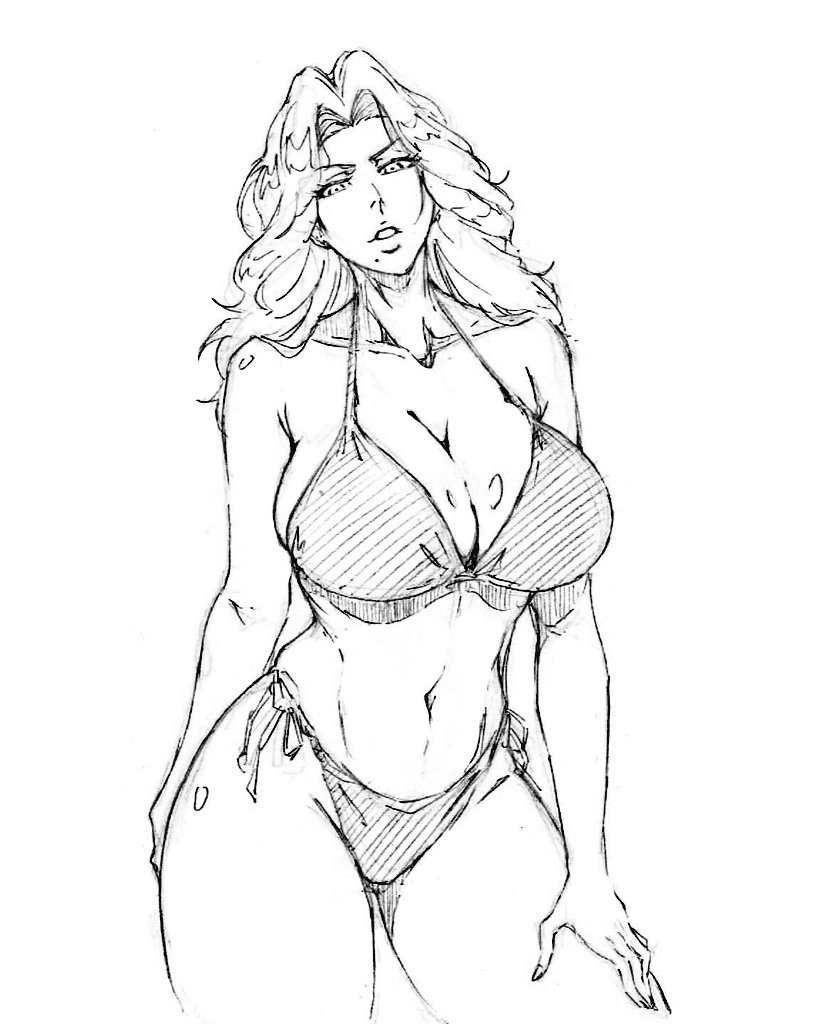 1girl bikini bleach breasts cleavage kubo_tite_(style) large_breasts long_hair looking_at_viewer matsumoto_rangiku monochrome rakusakugk sketch standing swimsuit