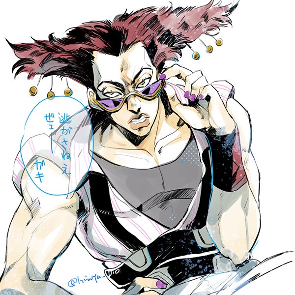 1boy adjusting_eyewear alessi bell hair_bell hair_ornament hatoyama_itsuru jojo_no_kimyou_na_bouken male_focus red_hair solo stardust_crusaders sunglasses yellow_eyes