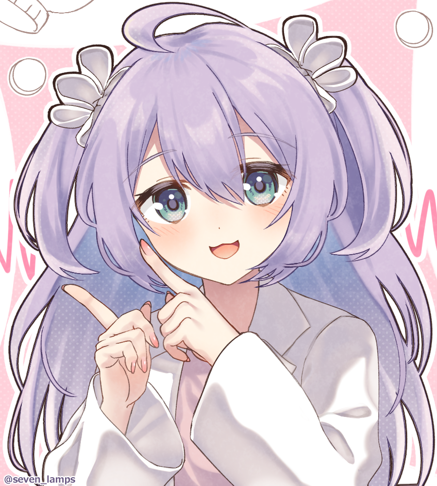 1girl :3 ahoge aqua_eyes blush fingernails hair_between_eyes hair_ornament hair_scrunchie index_fingers_raised lab_coat long_fingernails long_hair looking_at_viewer nanahi_tsubaki nemuri-chan okusuri_nonde_neyou_(vocaloid) open_mouth pill pink_shirt purple_hair scrunchie shirt smile solo straight-on twitter_username two_side_up upper_body vocaloid