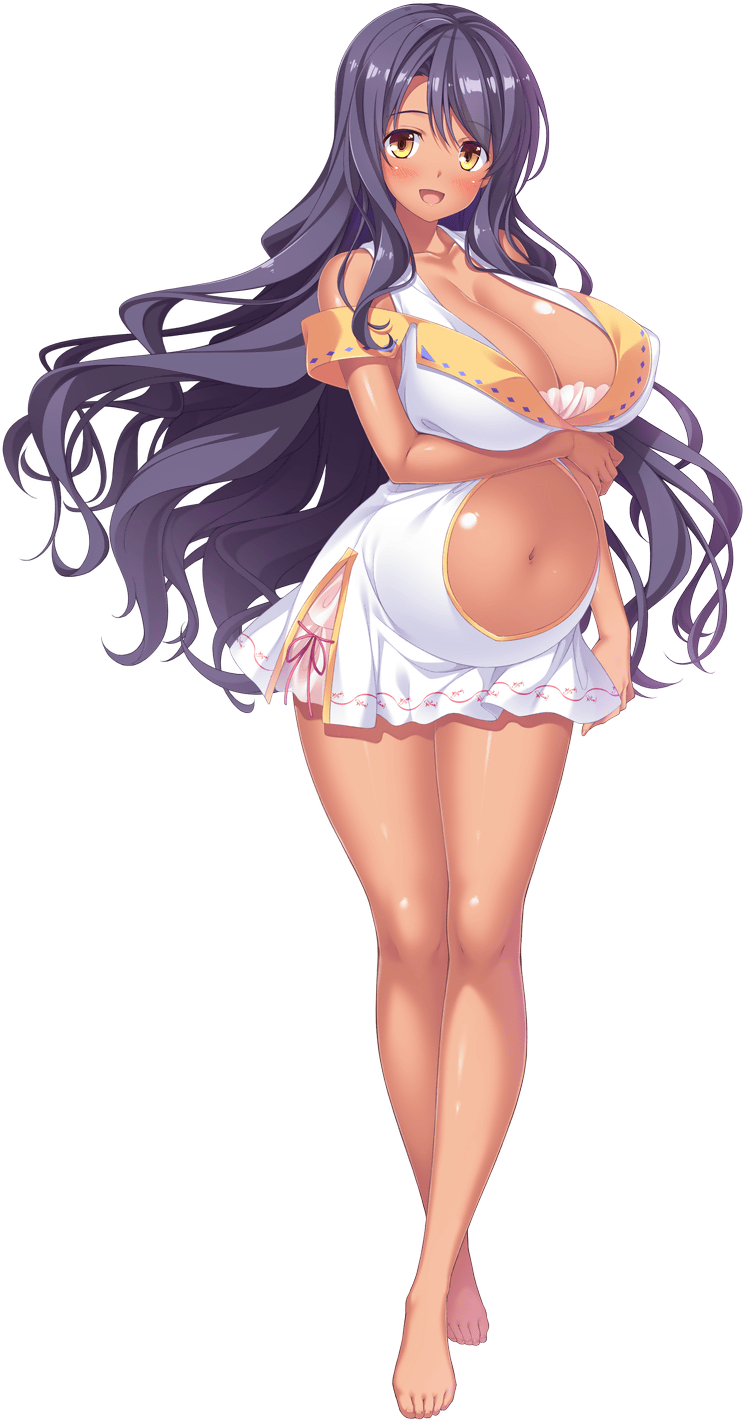 1girl :d arm_at_side arm_under_breasts barefoot black_hair blush breasts cleavage clothing_cutout dark-skinned_female dark_skin dress full_body game_cg highres hinata_nao large_breasts long_hair looking_at_viewer madri_parnepoli maternity_dress navel non-web_source official_art open_mouth pregnant sex_open_world_e_youkoso! smile solo stomach_cutout wavy_hair white_dress yellow_eyes
