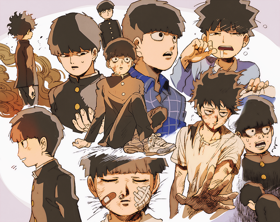 1boy ^^^ aoki_(fumomo) bandaid bandaid_on_cheek bandaid_on_face bare_arms black_hair black_jacket black_pants blanket blood blood_from_mouth blue_shirt blunt_bangs border buttons casual closed_mouth collared_jacket collared_shirt commentary_request cropped_legs cropped_torso crossed_ankles determined dirty dirty_face expressionless fingernails floating_hair from_side full_body furrowed_brow gakuran gloom_(expression) grey_border half-closed_eyes high_collar holding holding_blanket injury jacket kageyama_shigeo knees_up layered_sleeves long_sleeves looking_at_hand lying male_focus messy_hair mob_psycho_100 multiple_views nervous_sweating notice_lines on_back open_mouth outside_border outstretched_arm pajamas pants plaid_clothes plaid_shirt round_border scared school_uniform shirt shoes short_hair short_sleeves sleeping sneakers sportswear squeans sweat sweatdrop t-shirt teeth torn_clothes torn_shirt turn_pale unconscious undershirt upper_teeth_only white_background white_shirt white_shoes wide-eyed