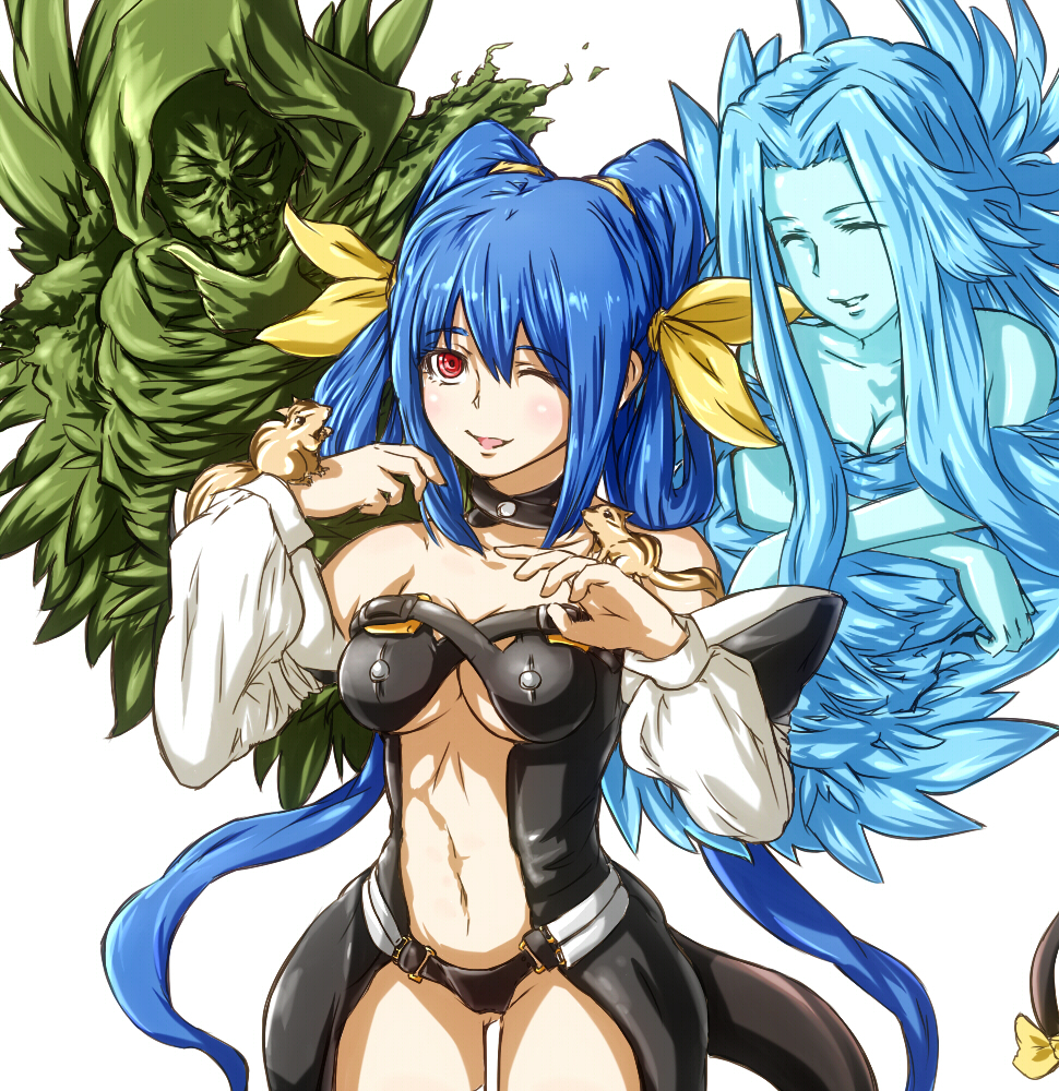 1boy 2girls ;d ^_^ animal animal_on_hand bare_shoulders black_choker black_tail blue_hair blue_skin breasts chipmunk choker cleavage closed_eyes colored_skin commentary_request curtained_hair detached_sleeves dizzy_(guilty_gear) guilty_gear guilty_gear_xx hair_ribbon hair_rings long_hair long_sleeves medium_breasts multiple_girls navel necro_(guilty_gear) one_eye_closed open_mouth puffy_long_sleeves puffy_sleeves red_eyes ribbon simple_background smile squirrel tail tail_ornament tail_ribbon torako_(toramaru) twintails underboob undine_(guilty_gear) very_long_hair white_background white_sleeves yellow_ribbon