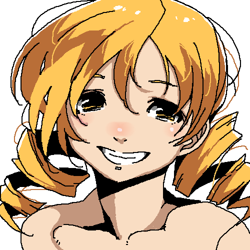 blonde_hair chiisan looking_at_viewer lowres mahou_shoujo_madoka_magica nude portrait simple_background smile tomoe_mami white_background yellow_eyes