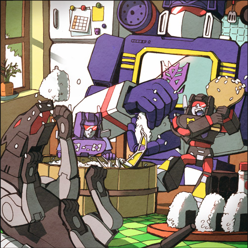 1980s_(style) bad_id bad_pixiv_id calendar_(object) carrot decepticon dinner energy food frenzy_(transformers) kitchen laserbeak lowres mecha mmiiss no_humans oldschool onigiri ravage_(transformers) refrigerator retro_artstyle robot rumble_(transformers) science_fiction soundwave_(transformers) table transformers transformers:_generation_1 tree window