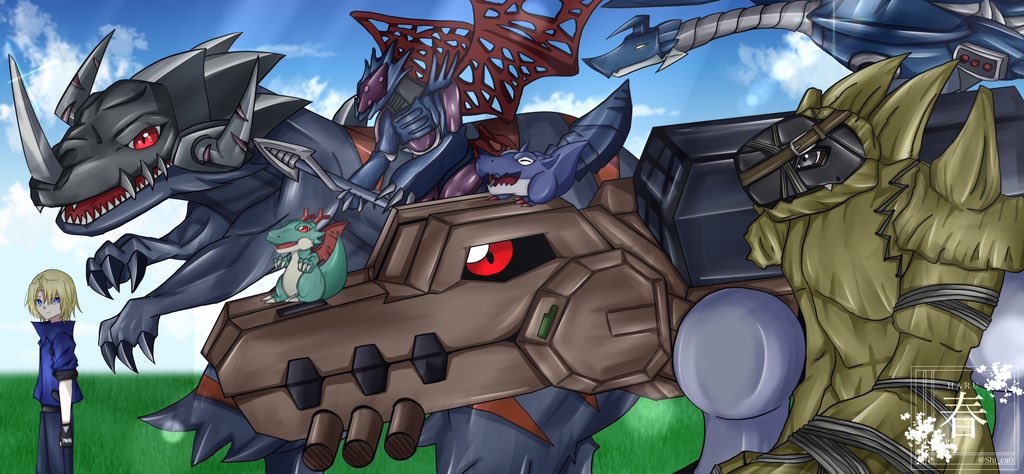 aonuma_kiriha cyberdramon deckerdramon digimon digimon_(creature) dracomon dragon gaossmon golemon greymon_(digimon_xros_wars) horns mailbirdramon sharp_teeth tail teeth tyrannosaurus_rex wings