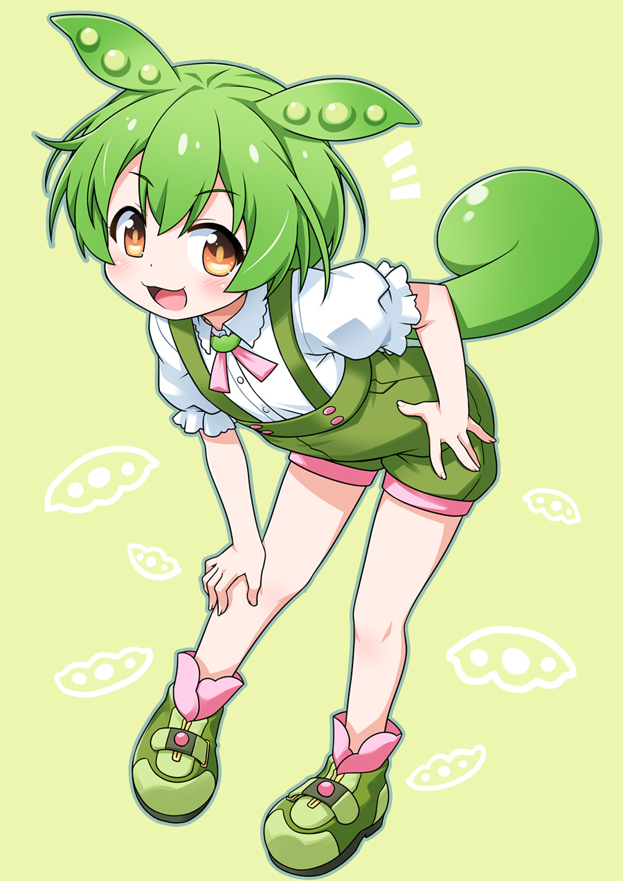 1girl akou_roushi blush flat_chest full_body green_hair green_shorts highres leaning_forward long_hair looking_at_viewer low_ponytail open_mouth orange_eyes pea_pod ponytail shorts smile solo suspender_shorts suspenders voicevox zundamon