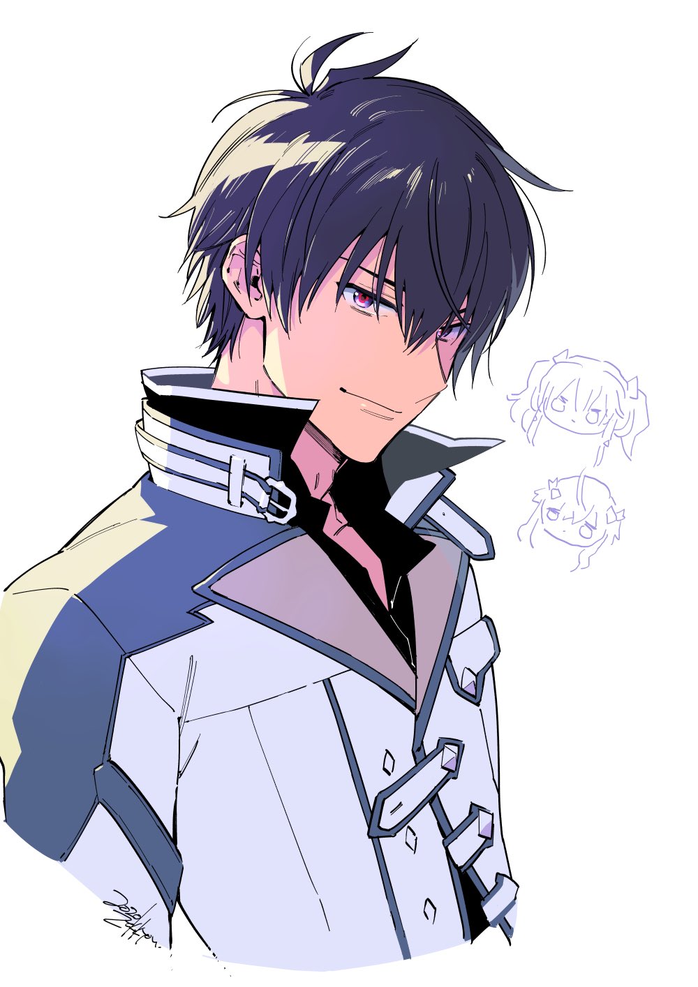 1boy ahoge anos_voldigoad black_hair black_shirt closed_mouth collarbone collared_shirt commentary commentary_request hair_between_eyes hair_ribbon highres jacket looking_at_viewer maou_gakuin_no_futekigousha misha_necron ponytail red_eyes ribbon sasha_necron shirt short_hair siblings signature sisters smile twins white_background white_jacket white_trim zekkyou_(h9s9)