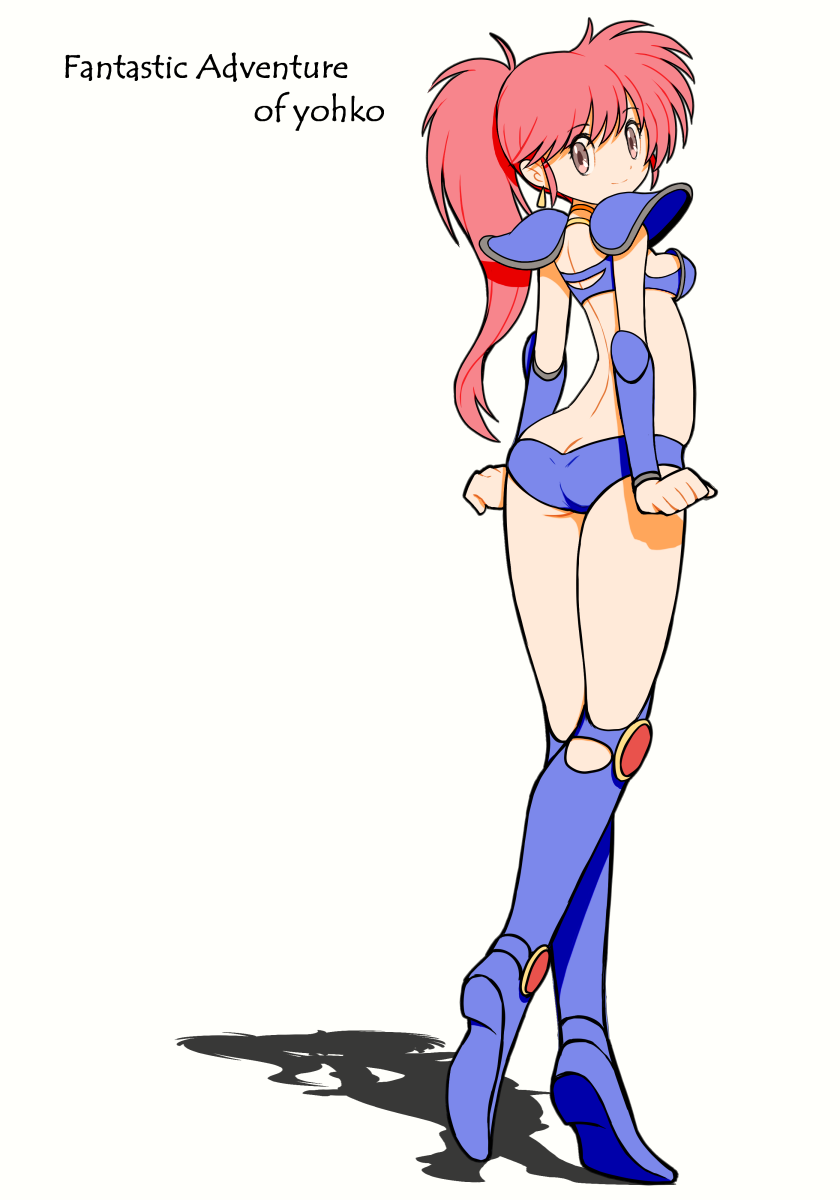 1girl armor asagiri_youko ass beeru_(veil8801) blue_armor blue_boots blue_panties boots breasts butt_crack closed_mouth earrings full_body genmu_senki_leda heel_up highres jewelry knee_boots leg_up long_hair median_furrow panties pauldrons pink_eyes pink_hair ponytail shadow shoulder_armor simple_background small_breasts smile solo split_mouth underwear white_background