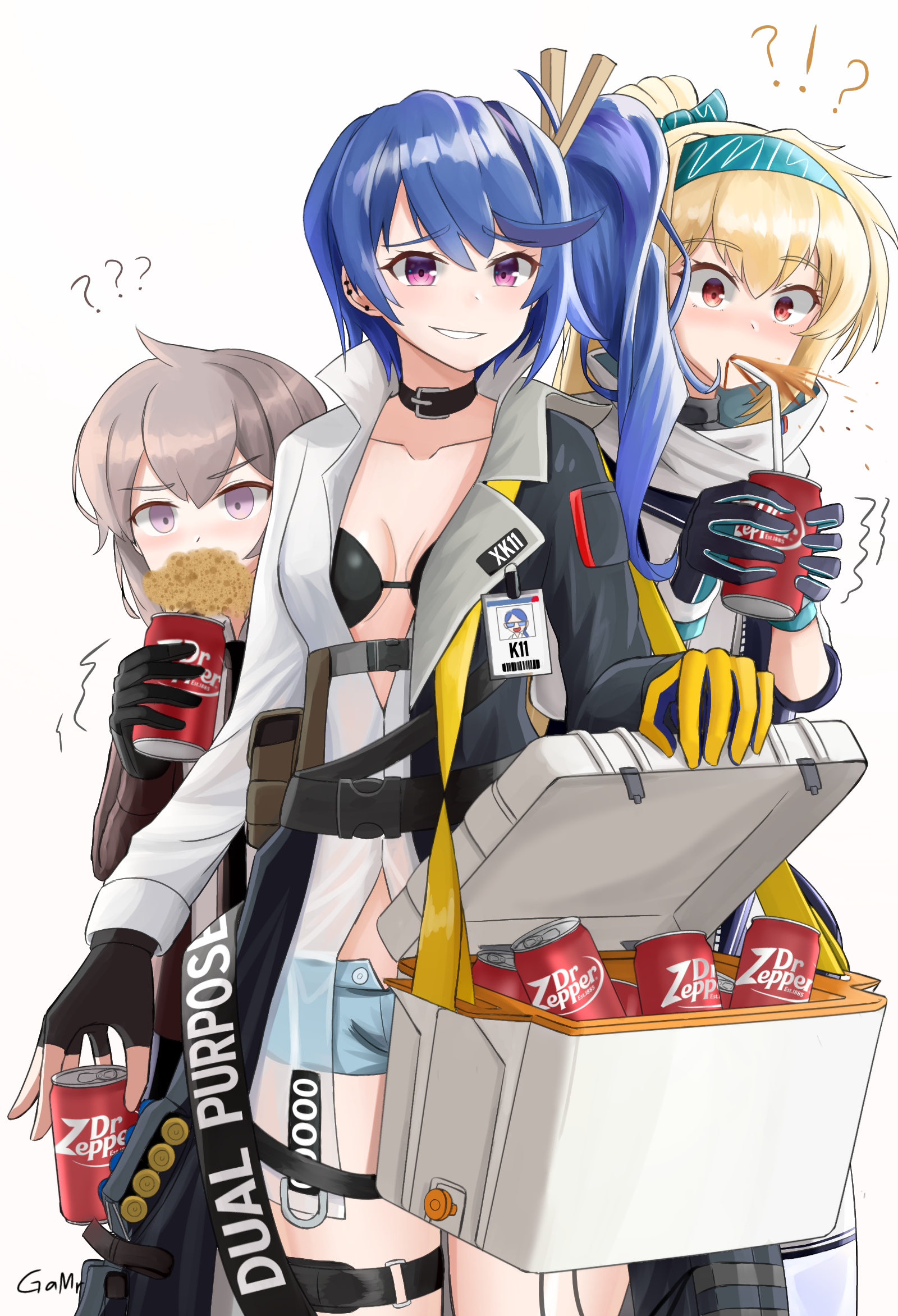 !? 20x30mm_lv 20x30mm_lv_p_k168 3girls ? ?? ammunition blush can cannon_cartridge character_name cooler dr_pepper drink drink_can drinking drinking_straw explosive foaming_at_the_mouth gamryous girls'_frontline grenade grenade_cartridge highres id_card k11_(girls'_frontline) m200_(girls'_frontline) mouth_hold multiple_girls ponytail practice_round smug soda soda_can spit_take spitting subsonic_ammunition sv-98_(girls'_frontline) sv-98_(mod3)_(girls'_frontline) teeth_hold white_background