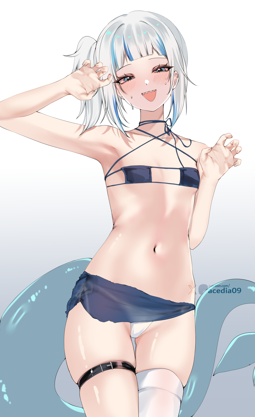 1girl acedia alternate_costume armpits belt bikini blue_bikini blue_eyes blue_hair blunt_bangs blush claw_pose clothes_around_waist collarbone commentary cowboy_shot criss-cross_halter eyepatch_bikini fingernails fins fish_tail flat_chest gawr_gura halterneck highres hololive hololive_english looking_at_viewer medium_hair multi-strapped_bikini_top multicolored_hair navel one_side_up open_mouth patreon_logo patreon_username shark_girl shark_tail sharp_teeth simple_background single_thighhigh skindentation smile solo stomach streaked_hair sweat sweatdrop swimsuit tail teeth thigh_belt thigh_strap thighhighs thong_bikini twitter_logo upper_teeth_only virtual_youtuber white_bikini white_hair white_thighhighs