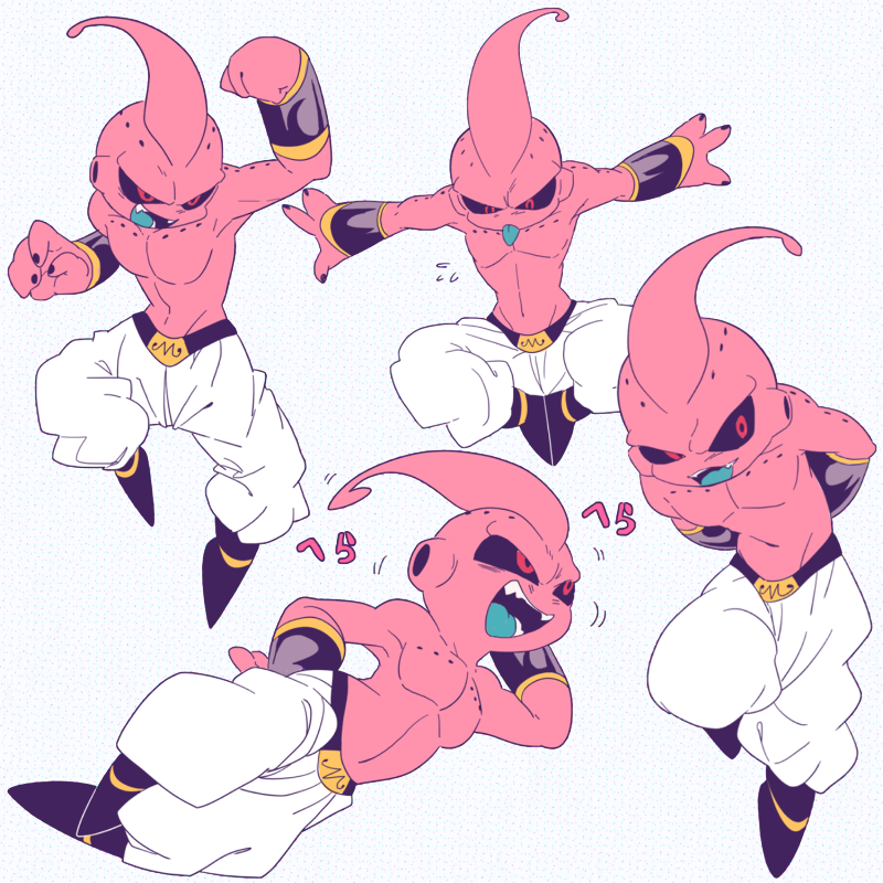 1boy antennae aqua_tongue arms_behind_back arms_out_to_sides black_bracer black_nails black_sclera black_shoes bracer clenched_hand collarbone colored_sclera colored_skin colored_tongue commentary dragon_ball dragonball_z evil_eyes evil_smile fangs feet_together fist_up flying_sweatdrops full_body gold_buckle gold_trim hand_on_own_hip head_rest head_resting_on_hand hole_on_body in_air kid_buu knee_up knees_apart_feet_together looking_ahead looking_to_the_side lying majin_buu male_focus midair multiple_views navel no_eyebrows on_side open_mouth outstretched_arms pants pectorals pink_skin red_eyes sharp_teeth shirtless_male shoes simple_background smile solo teeth tongue tongue_out topless_male translation_request white_background white_pants