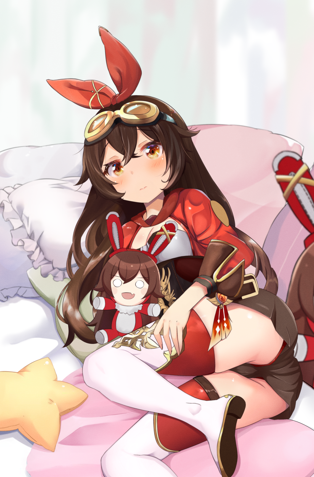 1girl amber_(genshin_impact) baron_bunny_(genshin_impact) boots brown_hair cleavage_cutout clothing_cutout genshin_impact goggles goggles_on_head hair_ribbon highres long_hair looking_at_viewer lying on_side pan_(pixiv41343614) pillow red_ribbon red_shrug ribbon shrug_(clothing) solo stuffed_toy thigh_boots thighhighs very_long_hair white_boots yellow_eyes zettai_ryouiki
