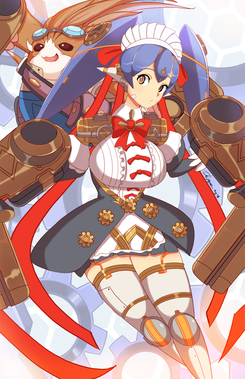 1boy 1girl alternate_costume android apron breasts enmaided frills hat highres jellcaps large_breasts maid maid_apron maid_headdress mob_cap poppi_(xenoblade) poppi_qt_(xenoblade) puffy_sleeves skirt tora_(xenoblade_2) waist_apron xenoblade_chronicles_(series) xenoblade_chronicles_2
