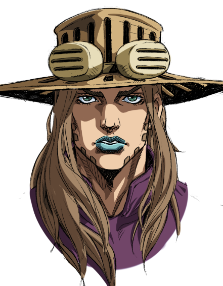 1boy anime_coloring araki_hirohiko_(style) beard blue_lips brown_hair cowboy_hat facial_hair goggles goggles_on_headwear grandguerrilla green_eyes gyro_zeppeli hat high_collar jojo_no_kimyou_na_bouken long_hair portrait purple_shirt shirt steel_ball_run