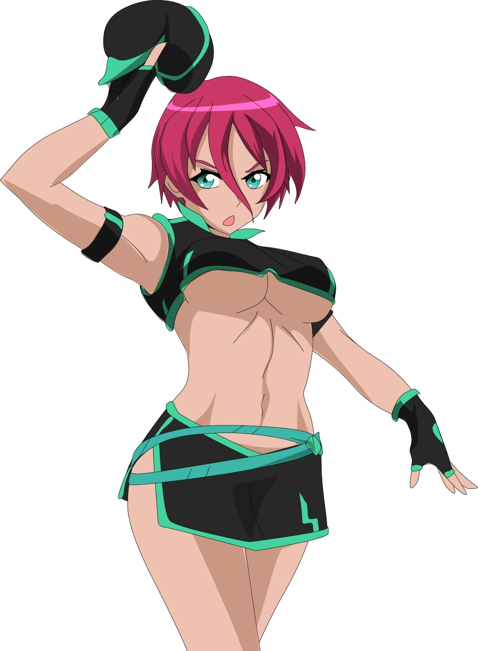 alternate_costume breasts fallere825 game_freak georgia_(pokemon) green_eyes hat highres miniskirt navel nintendo pink_hair pokemon pokemon_(anime) pokemon_bw_(anime) red_hair skirt underboob workout_clothes