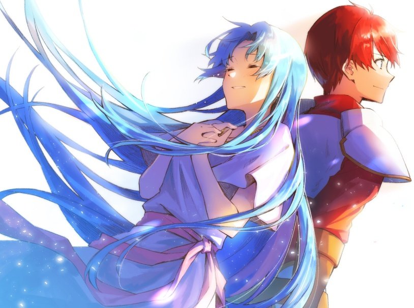 1boy 1girl adol_christin ancient_ys_vanished armor blue_hair closed_eyes dress feena_(ys) floating_hair hwhh long_hair long_sidelocks pauldrons red_hair short_hair shoulder_armor sidelocks simple_background smile white_background white_dress ys