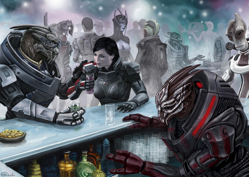 alcohol asari_(mass_effect) bar benezia_(mass_effect) commander_shepard commander_shepard_(female) david_anderson deviantart garrus_vakarian legion_(mass_effect) mass_effect_(series) mordin_solus nihlus_kryik saren_arterius thane_krios