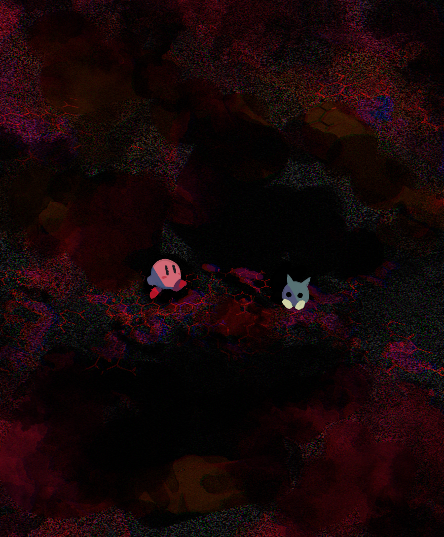 2018 black_eyes blush_stickers creepy hexagon kirby kirby_(series) kirby_64 n-z nintendo no_humans red_background sitting soumenhiyamugi walking