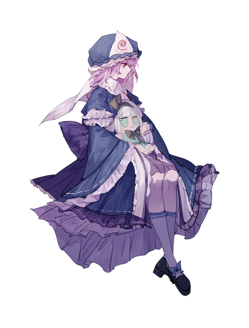 1girl black_shoes blue_hat blue_kimono character_doll closed_mouth commentary_request doll expressionless frilled_hat frilled_sleeves frills fumo_(doll) hat holding holding_doll invisible_chair japanese_clothes kimono konpaku_youmu long_sleeves mob_cap pink_eyes pink_hair profile saigyouji_yuyuko shoes short_hair simple_background sitting sleeve_garter socks touhou triangular_headpiece white_background white_socks wide_sleeves xian_qishui
