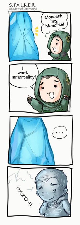 1boy 4koma comic military military_uniform nyoro~n parody radiation_symbol short_hair stalker stalker_(game)