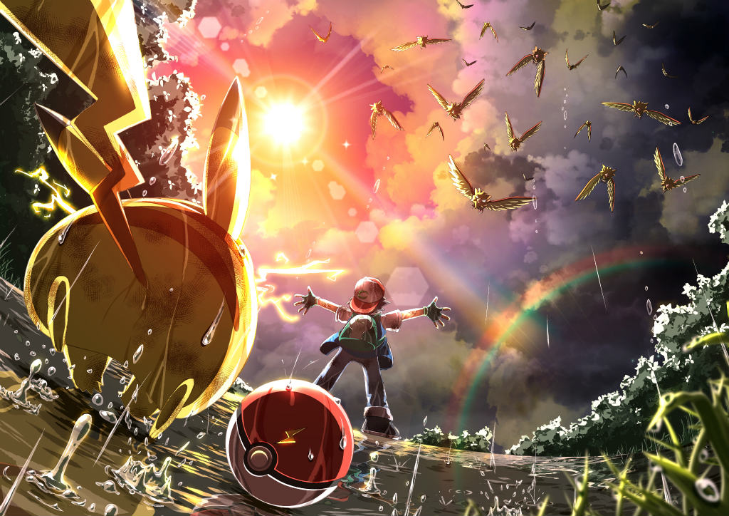 1boy ash_ketchum backpack backwards_hat bag baseball_cap bird black_footwear black_gloves blurry cloud cloudy_sky day depth_of_field electricity evening fingerless_gloves from_behind gen_1_pokemon gloves grass hat imomushi_(pixiv_9001433) lens_flare light_rays nintendo outdoors outstretched_arms pants pikachu poke_ball poke_ball_(basic) pokemon pokemon_(anime) pokemon_(classic_anime) pokemon_(creature) rainbow running shoes short_sleeves sky spearow spread_fingers sun sunbeam sunlight sunset water water_drop