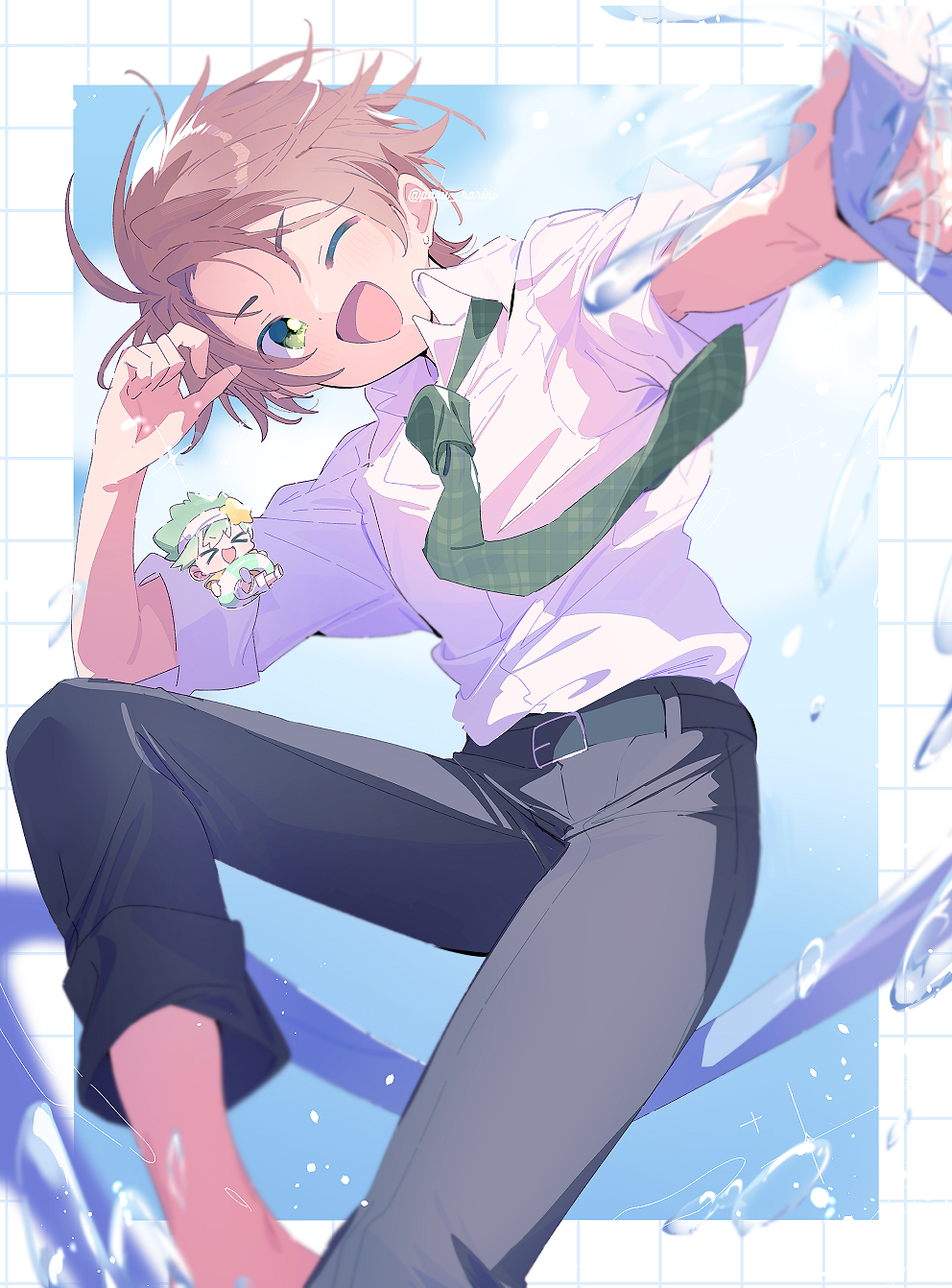 &gt;_&lt; 2boys barefoot belt black_belt black_pants blue_sky border brown_hair chibi cloud collared_shirt daichi_(shugo_chara!) day dot_nose dress_pants feet_out_of_frame floating_clothes green_eyes green_hat green_innertube green_necktie grid_border hair_ornament hand_on_own_head happy hat highres holding holding_hose holding_swim_ring hose innertube knee_up male_focus mini_person miniboy multiple_boys necktie one_eye_closed open_mouth outdoors outside_border outstretched_arm pants plaid_clothes plaid_necktie serizawa_serizane shirt short_hair short_sleeves shugo_chara! sky smile solo_focus souma_kuukai star_(symbol) star_hair_ornament summer swim_ring two-tone_innertube water water_drop white_border white_innertube white_shirt