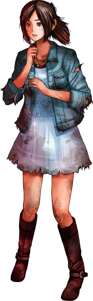 1girl artist_request brown_eyes brown_hair city_shrouded_in_shadow concept_art granzella jacket jewelry kouno_yuki necklace official_art ponytail promotional_art simple_background skirt torn_clothes white_background