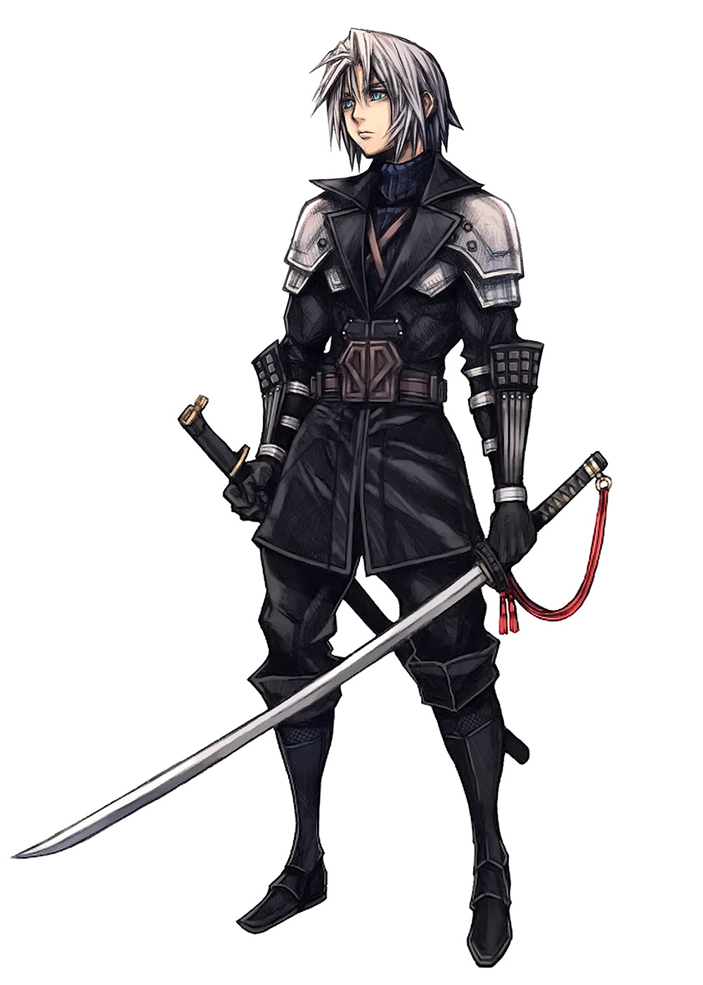 1boy aged_down aqua_eyes arm_armor armor belt black_boots black_coat black_gloves black_pants blue_sweater boots brown_belt chest_strap clenched_hands coat expressionless final_fantasy final_fantasy_vii final_fantasy_vii_ever_crisis full_body gloves highres holding holding_sword holding_weapon katana knee_boots long_sleeves looking_to_the_side male_focus nomura_tetsuya official_art pants parted_bangs pauldrons scabbard sephiroth sephiroth_(ever_crisis) sheath shoulder_armor simple_background slit_pupils solo standing sweater sword third-party_source turtleneck turtleneck_sweater weapon white_background