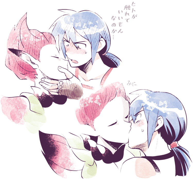 2boys blue_hair blush breath_of_fire breath_of_fire_ii kiss long_hair male_focus minashirazu multiple_boys open_mouth pink_hair pointy_ears ponytail ryu_(breath_of_fire_ii) simple_background spar sweat white_background yaoi