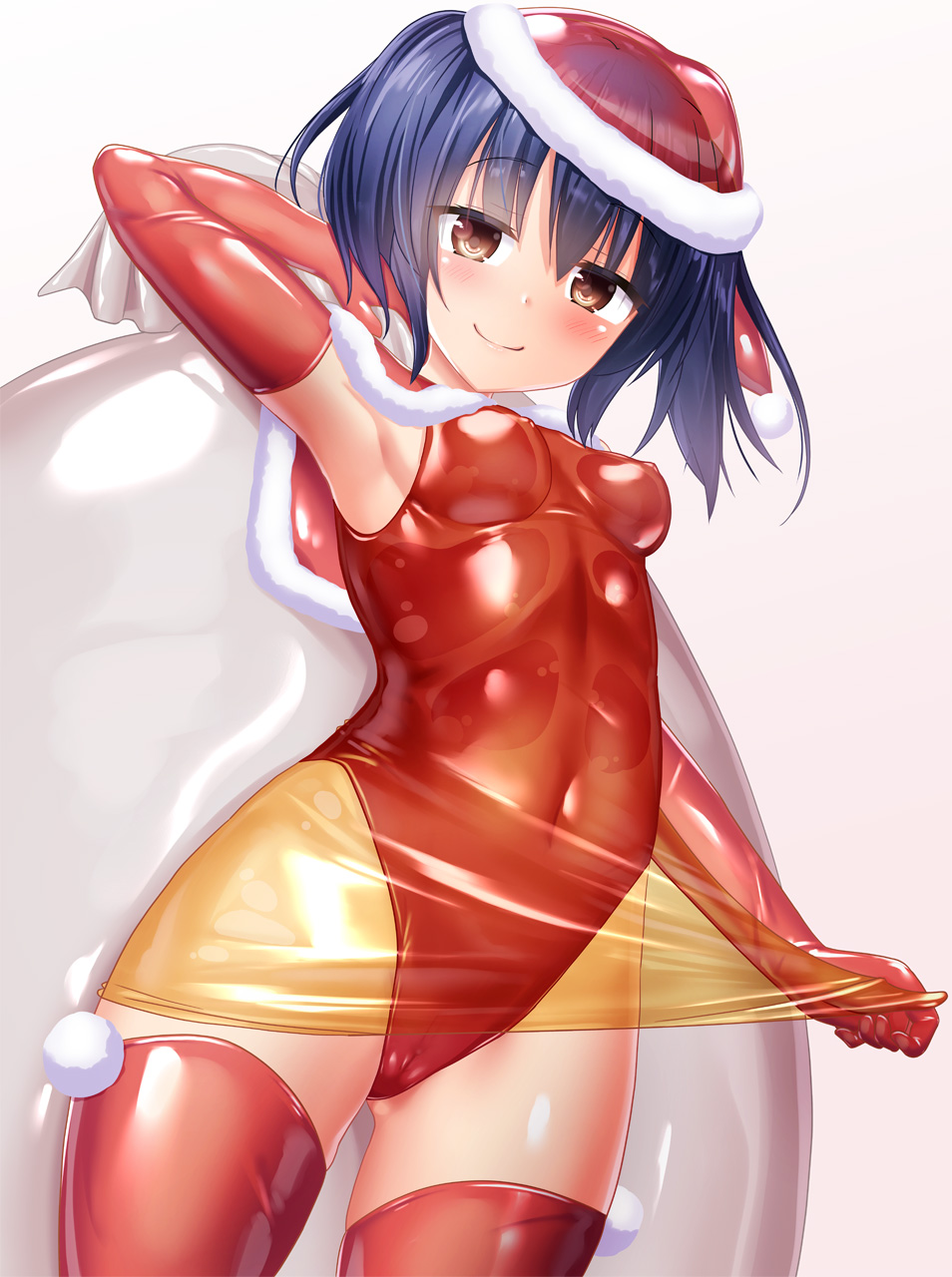 1girl blue_hair breasts brown_eyes christmas covered_erect_nipples covered_navel dress dress_tug elbow_gloves fur_trim gloves hat highres impossible_clothes latex latex_dress latex_leotard leotard looking_at_viewer naka_(cheeseyeast) original paid_reward_available pom_pom_(clothes) sack santa_costume santa_dress santa_hat see-through_clothes shiny_clothes shiny_skin skin_tight small_breasts smile solo thighhighs