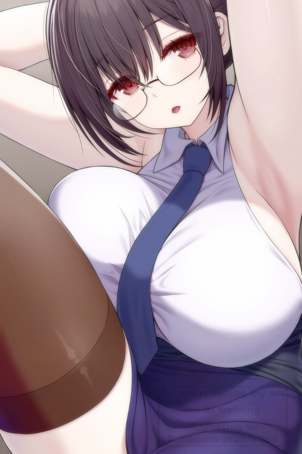 1girl :o armpits arms_up asamura_hiori black_hair black_thighhighs blue_necktie blue_skirt breasts brown_eyes collared_shirt glasses hair_between_eyes highres huge_breasts looking_at_viewer necktie open_mouth original shirt sidelocks skirt sleeveless sleeveless_shirt thighhighs thighs white_shirt