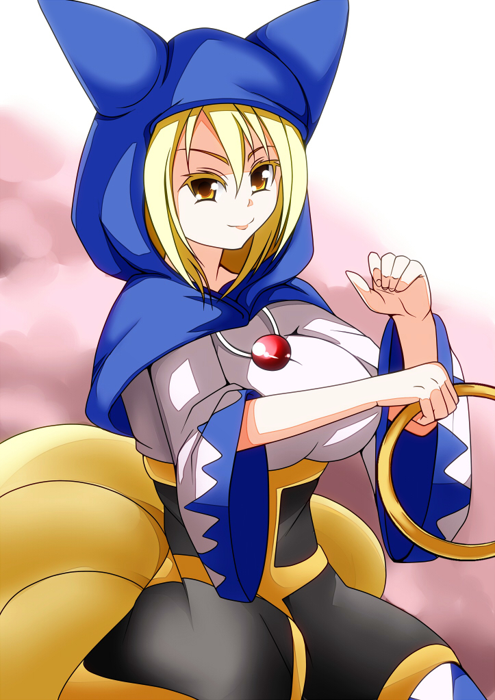 1girl animal_ears blonde_hair breasts cosplay female_focus hood jewelry kesa kumoi_ichirin kumoi_ichirin_(cosplay) large_breasts looking_at_viewer merry_(diameri) ring short_hair smile solo tail touhou yakumo_ran yellow_eyes