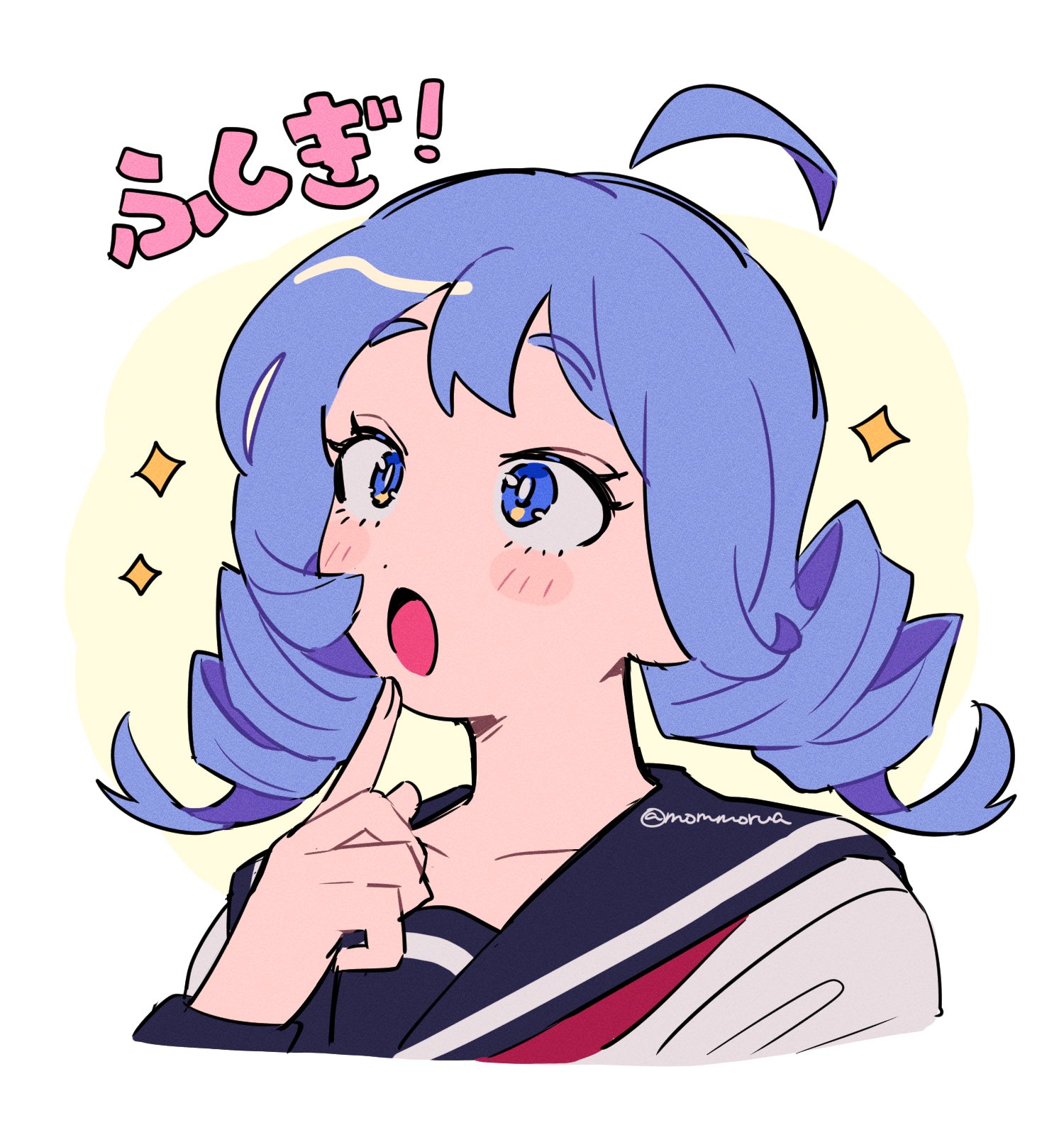 1girl :o ahoge alternate_costume alternate_hairstyle blue_eyes blue_hair blue_sailor_collar boku_no_hero_academia detached_ahoge drill_hair hado_nejire highres light_blush mommorua neckerchief open_mouth red_neckerchief sailor_collar school_uniform serafuku solo twin_drills