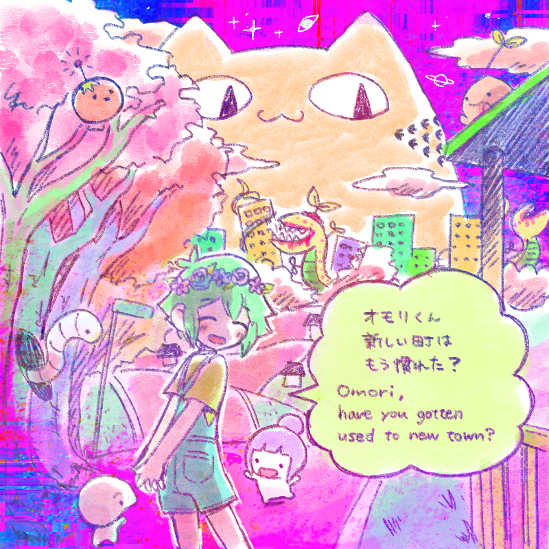 1girl 2boys basil_(headspace)_(omori) basil_(omori) big_yellow_cat_(omori) bilingual_text blue_overalls blush bun_(omori) closed_eyes colored_skin english_text flower green_hair head_wreath king_carnivore_(omori) mixed-language_text multiple_boys nose_(omori) omori open_mouth overall_shorts overalls short_hair smile speech_bubble sprout_mole sun_iiinu tree u.f.o._(omori) white_skin wormhole_(omori)