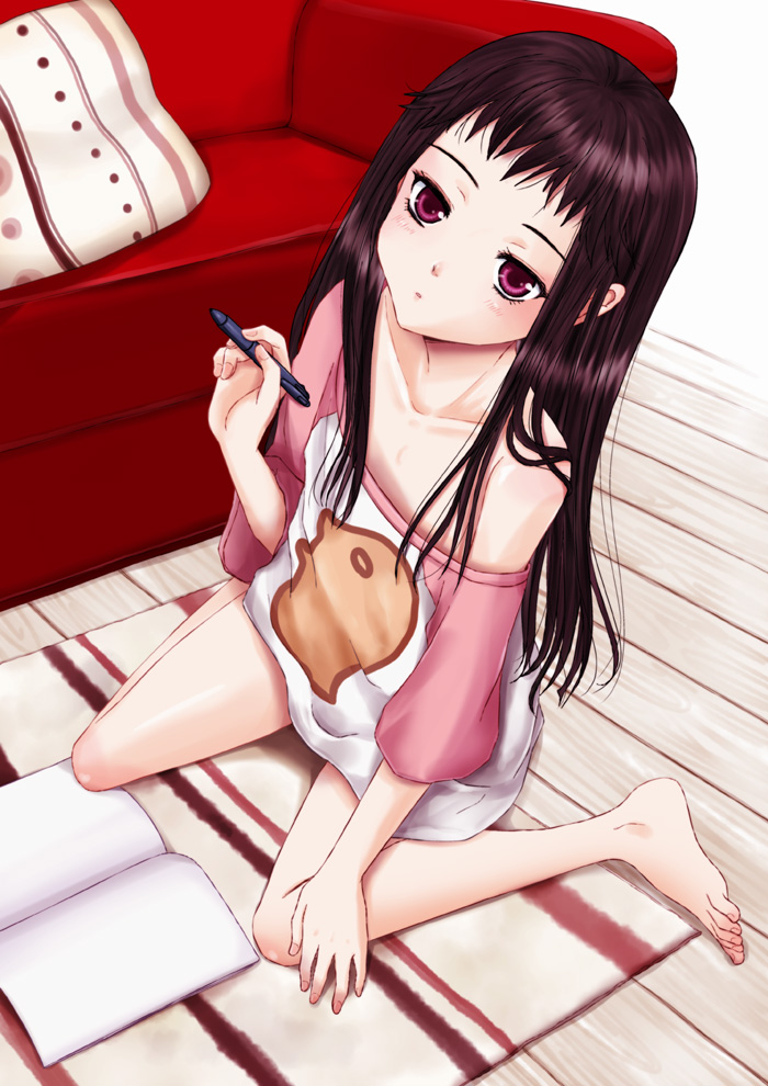 1girl ar_tonelico ar_tonelico_ii barefoot book collarbone feet head_tilt inumori_sayaka jakuri_(ar_tonelico) legs long_hair mechanical_pencil off_shoulder on_floor pencil purple_eyes purple_hair sitting toes wariza