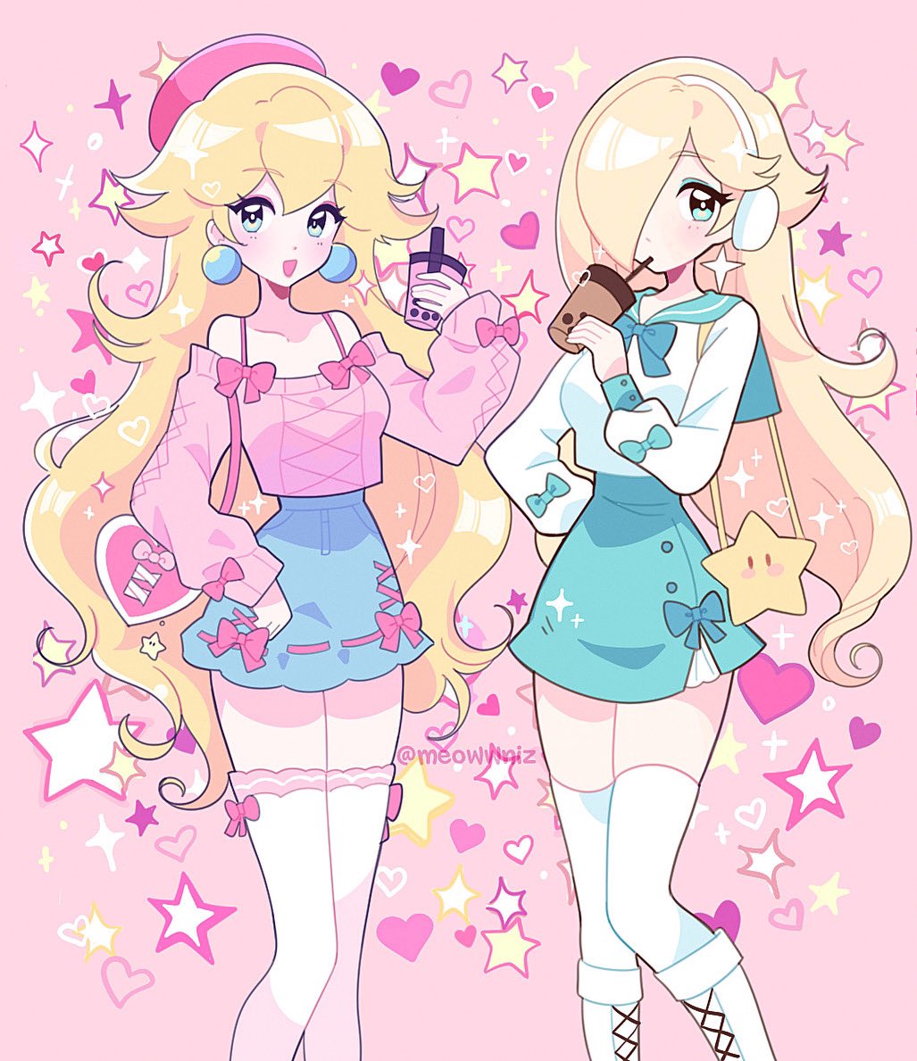 2girls alternate_costume artist_name blonde_hair blue_eyes earmuffs earmuffs_around_neck earrings holding jewelry long_hair looking_at_viewer mario_(series) meowwniz multiple_girls nintendo pink_background princess_peach rosalina skirt smile sphere_earrings star_(sky) super_star_(mario)