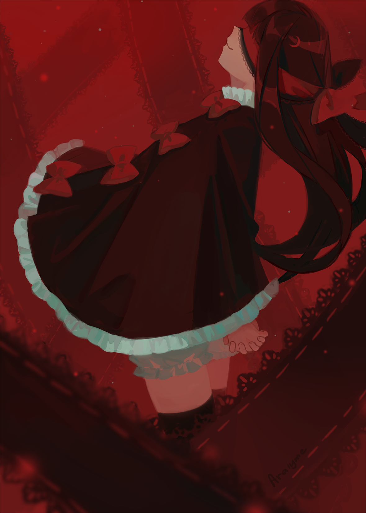 1girl araiyme black_cloak black_hair black_thighhighs blindfold bloomers blunt_bangs bow cloak closed_mouth commentary cowboy_shot crescent crescent_hair_ornament english_commentary hair_ornament highres lace lace-trimmed_blindfold maiden_and_spell own_hands_together red_background red_blindfold red_bow royal_arcanist sidelocks smile solo thighhighs underwear white_bloomers