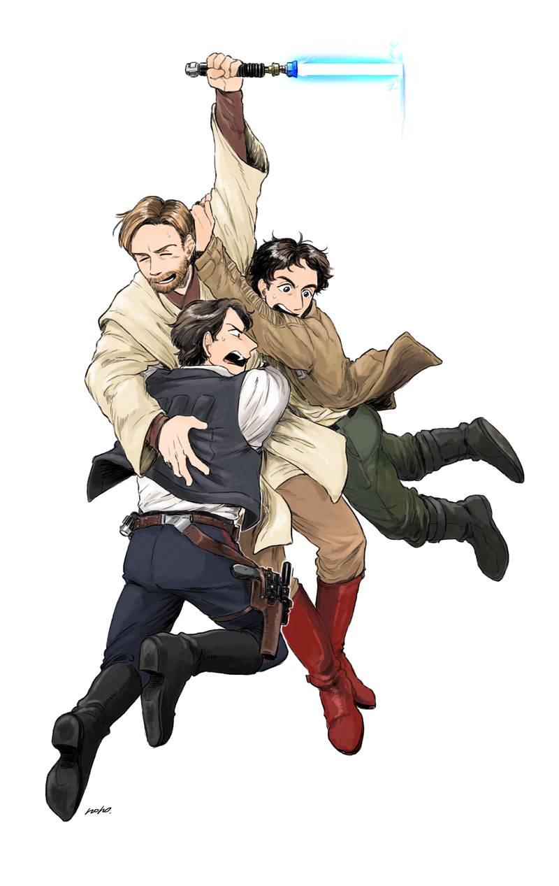3boys animification beard belt black_eyes black_hair blaster_(star_wars) boots brown_hair energy_gun energy_sword facial_hair han_solo hanging highres holster hug jacket jedi lightsaber male_focus matsuri6373 multiple_boys obi-wan_kenobi poe_dameron ray_gun science_fiction shouting signature simple_background star_wars star_wars:_the_clone_wars star_wars:_the_force_awakens sweatdrop sword time_paradox vest weapon