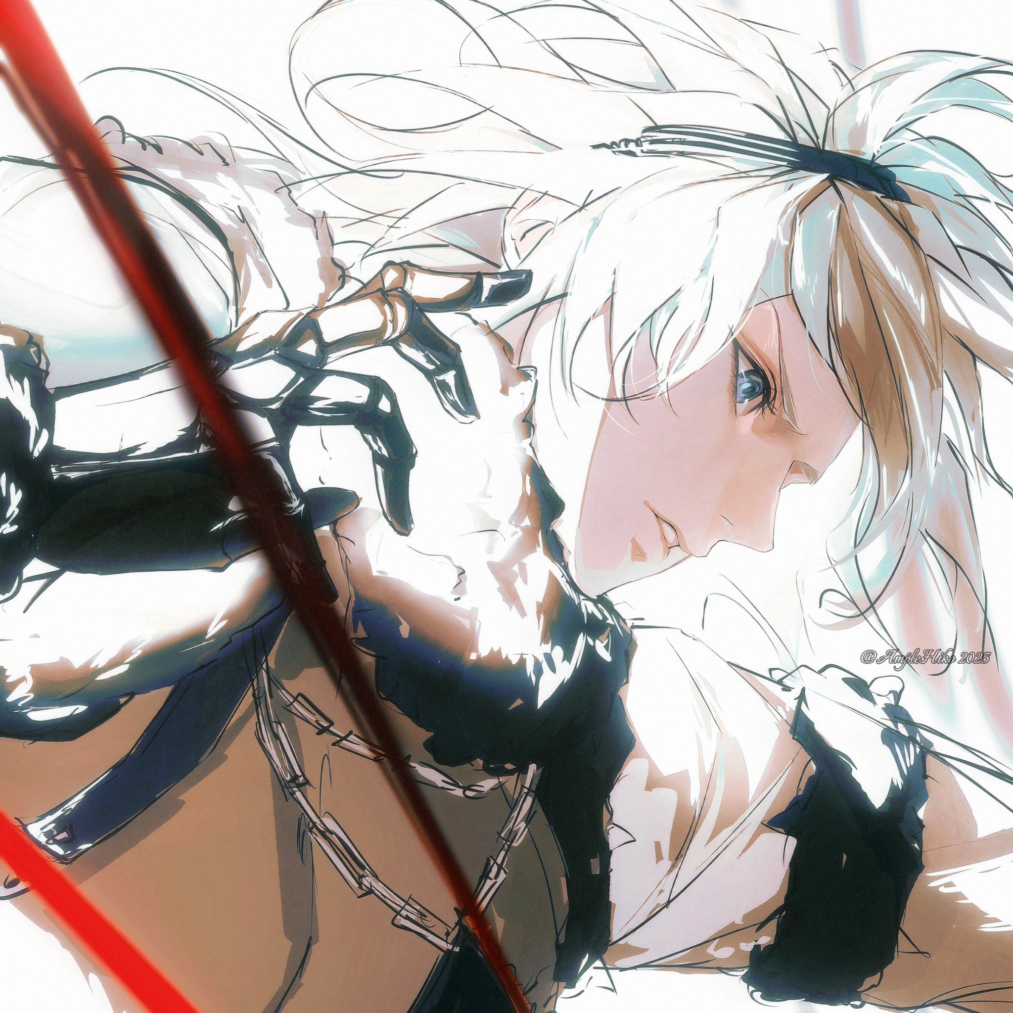 1boy amplehiko black_gloves blue_eyes chain gloves highres male_focus nier nier_(brother) nier_(series) parted_lips solo upper_body white_background white_hair