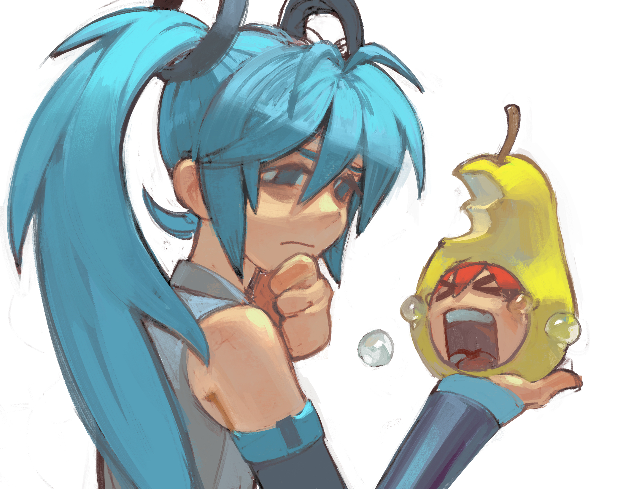 blue_eyes blue_hair crying detached_sleeves food fruit hatsune_miku highres kasane_teto long_hair open_mouth painterly pear pearto rainbowdeww shirt sleeveless sleeveless_shirt teeth twintails utau vocaloid white_background