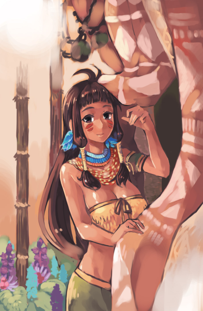 1girl antenna_hair bare_shoulders black_hair blunt_bangs breasts brown_eyes brown_ribbon cleavage closed_mouth dark-skinned_female dark_skin earrings facepaint green_skirt hair_tubes hand_up jewelry kusina large_breasts mabinogi necklace ribbon skirt smile solo toyger tribal