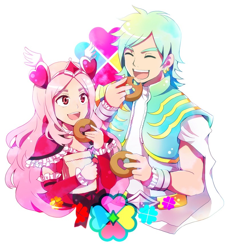 00s 1boy 1girl :d ^_^ arm_warmers bag belt cape choker closed_eyes cure_passion donut dress earrings eating food fresh_precure! green_hair hair_ornament head_wings heart heart_hair_ornament higashi_setsuna hitopm jewelry long_hair magical_girl nishi_hayato open_mouth pink_hair precure red_eyes ribbon shirt short_hair smile tiara upper_body vest wester wester_(fresh_precure!) white_choker wings